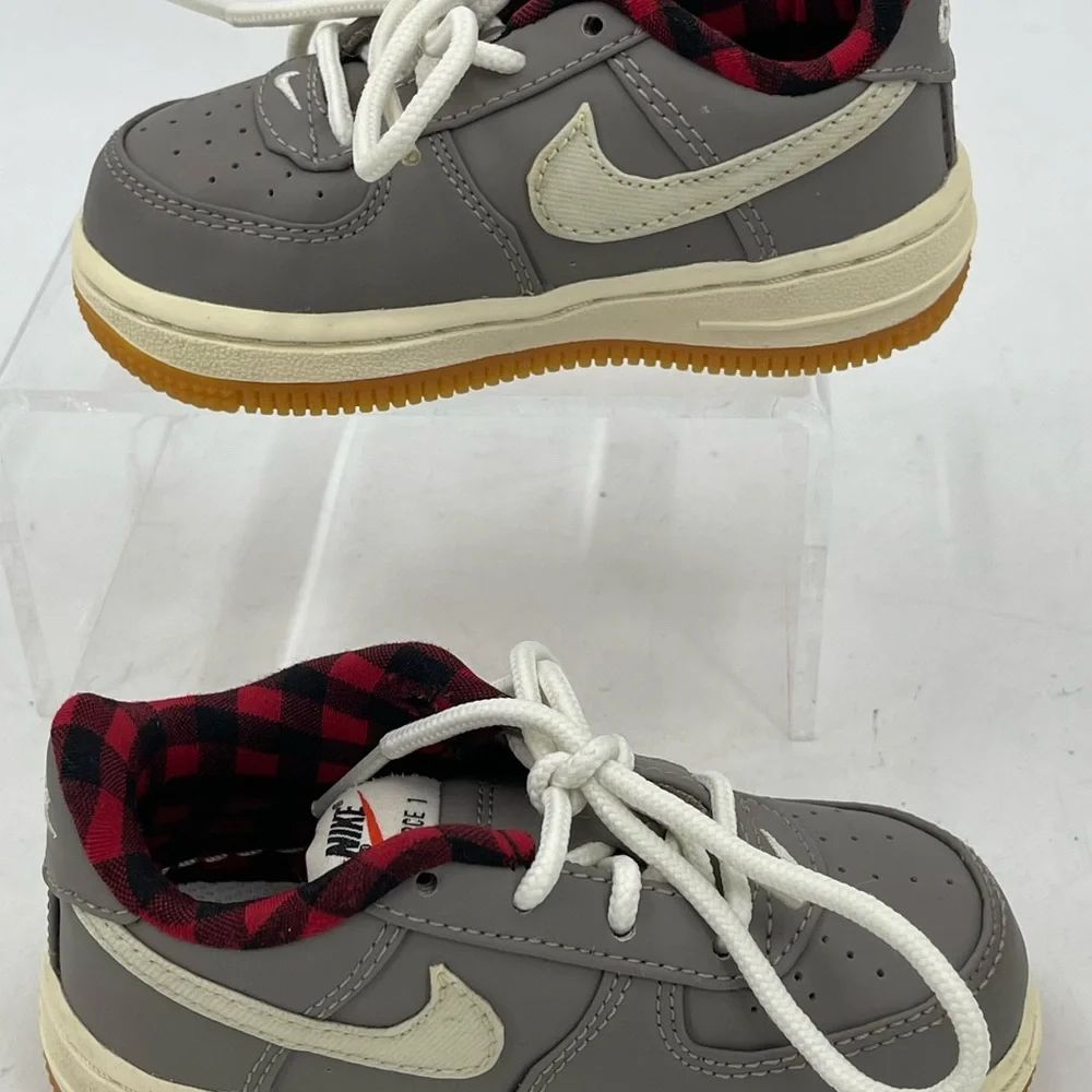 Nike Force 1 Gray Leather w/ Red Buffalo Plaid 874379-200 Toddler Size 6C * READ